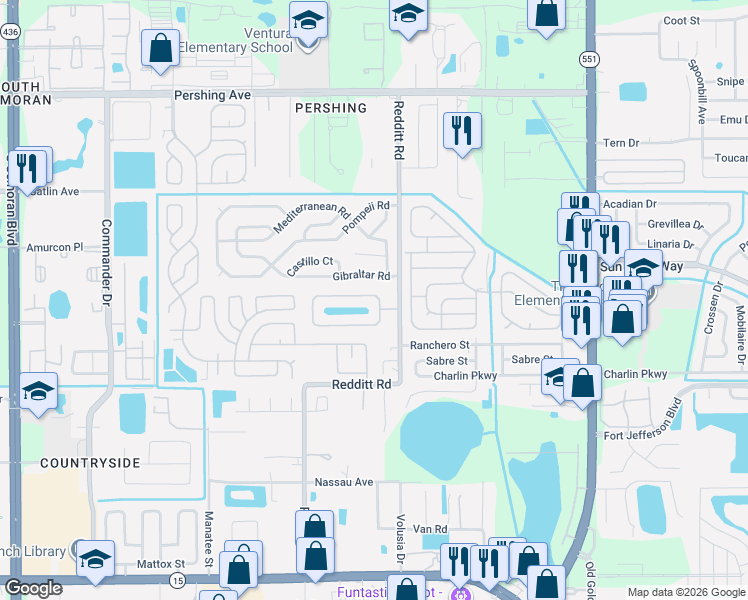 map of restaurants, bars, coffee shops, grocery stores, and more near 6902 Edgefield Lane in Orlando