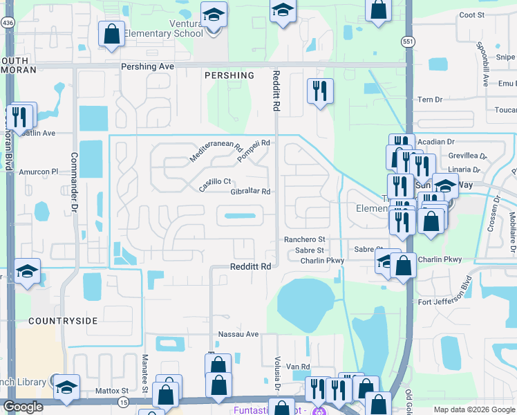map of restaurants, bars, coffee shops, grocery stores, and more near 6902 Edgefield Lane in Orlando