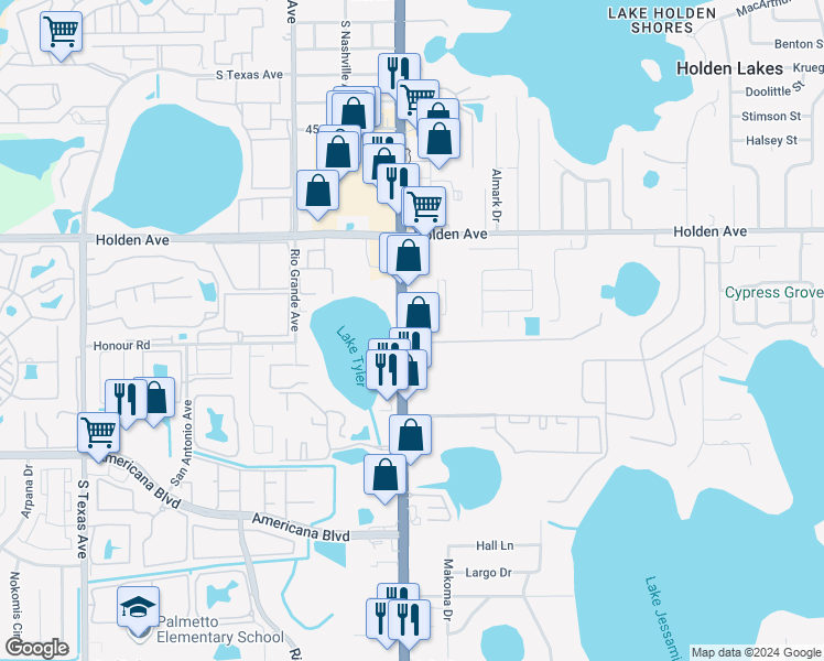map of restaurants, bars, coffee shops, grocery stores, and more near 4855 South Orange Blossom Trail in Orlando