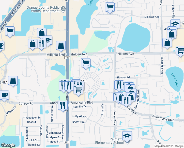 map of restaurants, bars, coffee shops, grocery stores, and more near in Orlando