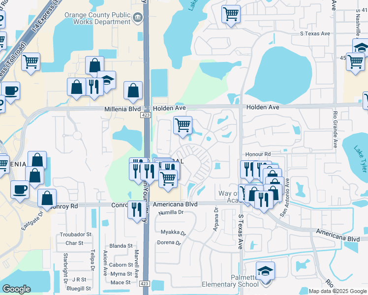 map of restaurants, bars, coffee shops, grocery stores, and more near 2532 Grand Central Parkway in Orlando