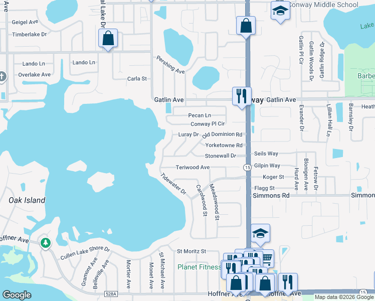 map of restaurants, bars, coffee shops, grocery stores, and more near 4101 Old Dominion Road in Orlando