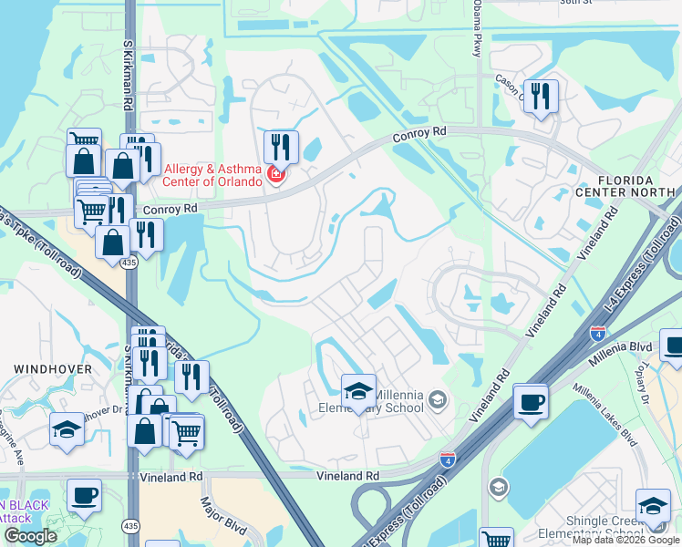 map of restaurants, bars, coffee shops, grocery stores, and more near 5161 Dove Tree Street in Orlando