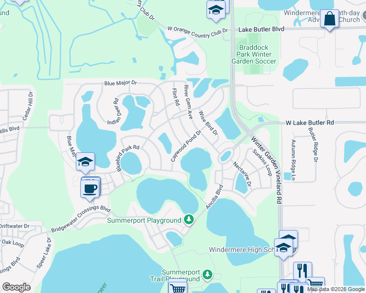 map of restaurants, bars, coffee shops, grocery stores, and more near 13899 Caywood Pond Drive in Windermere