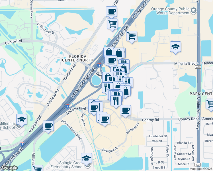 map of restaurants, bars, coffee shops, grocery stores, and more near 4155 Millenia Boulevard in Orlando
