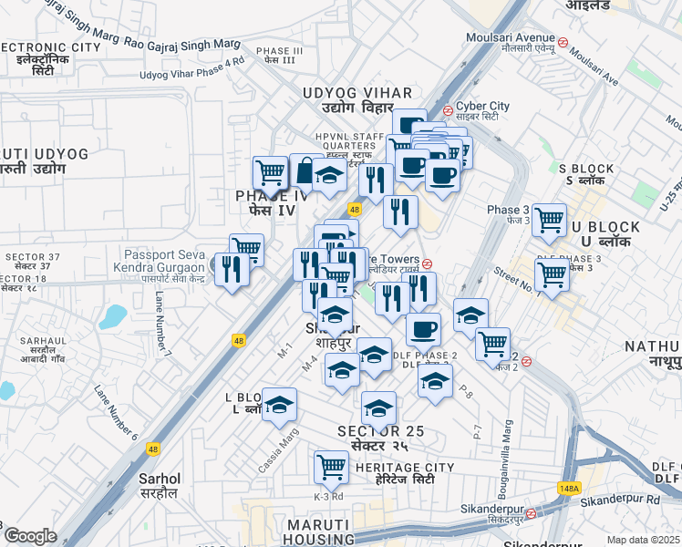 map of restaurants, bars, coffee shops, grocery stores, and more near Jacaranda Marg in Gurgaon