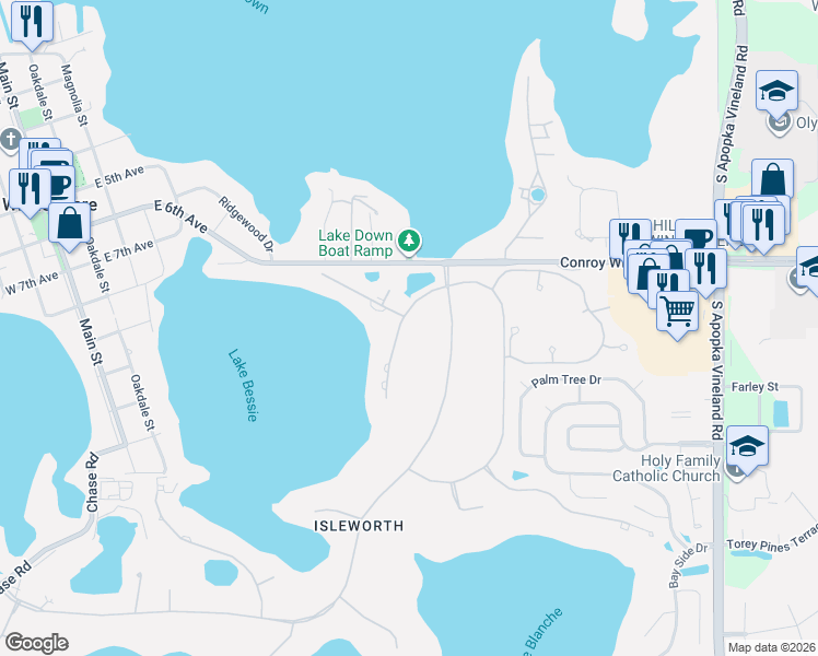 map of restaurants, bars, coffee shops, grocery stores, and more near 5055 Latrobe Dr in Windermere