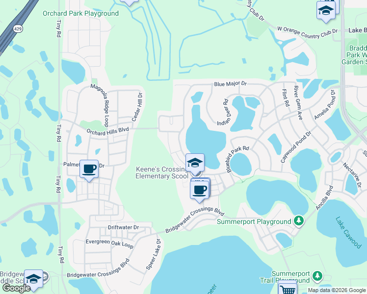 map of restaurants, bars, coffee shops, grocery stores, and more near 4240 Blue Major Drive in Windermere