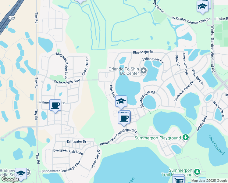 map of restaurants, bars, coffee shops, grocery stores, and more near 4240 Blue Major Drive in Windermere