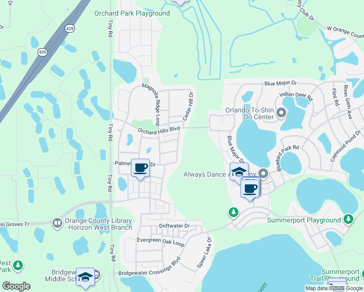 map of restaurants, bars, coffee shops, grocery stores, and more near 14507 Sabal Crest Way in Winter Garden