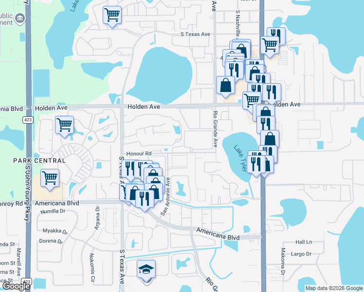 map of restaurants, bars, coffee shops, grocery stores, and more near 1813 Grande Pointe Boulevard in Orlando