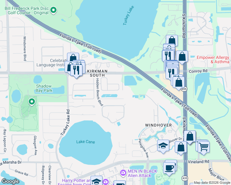 map of restaurants, bars, coffee shops, grocery stores, and more near 6404 Winder Oaks Boulevard in Orlando