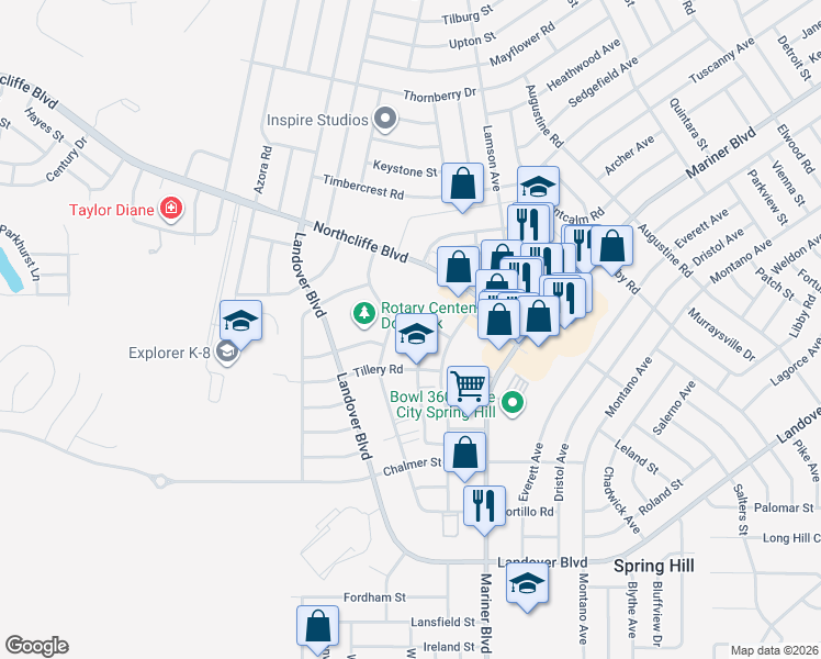 map of restaurants, bars, coffee shops, grocery stores, and more near 4150 Portillo Road in Spring Hill