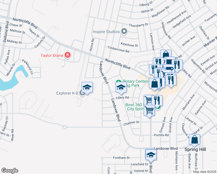 map of restaurants, bars, coffee shops, grocery stores, and more near 2679-2743 Landover Blvd in Spring Hill