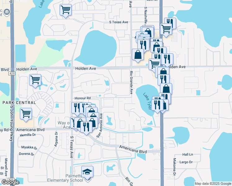 map of restaurants, bars, coffee shops, grocery stores, and more near 1797 Grande Pointe Boulevard in Orlando
