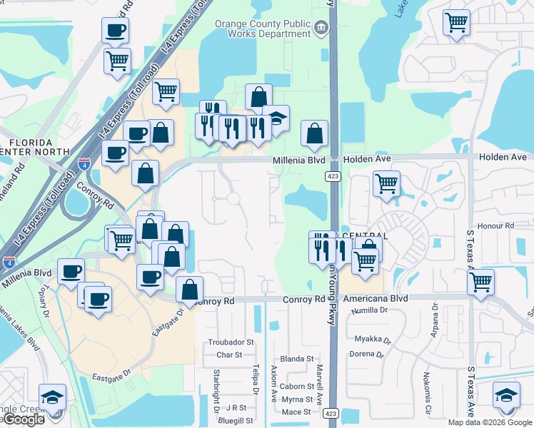 map of restaurants, bars, coffee shops, grocery stores, and more near 4960 Luge Lane in Orlando