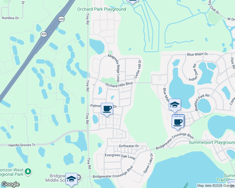 map of restaurants, bars, coffee shops, grocery stores, and more near 14549 Sabal Crest Way in Winter Garden