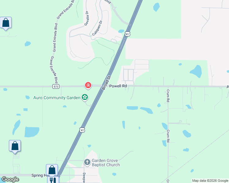 map of restaurants, bars, coffee shops, grocery stores, and more near 18258 Powell Road in Brooksville