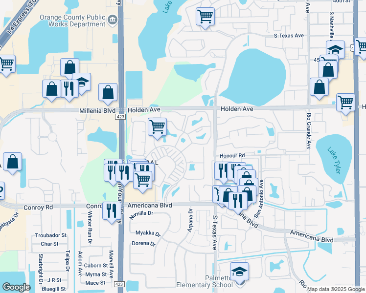 map of restaurants, bars, coffee shops, grocery stores, and more near in Orlando