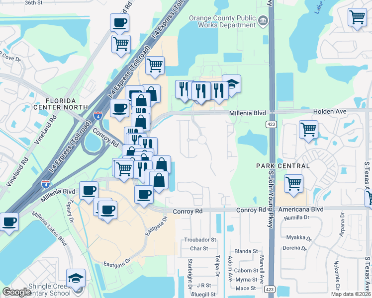 map of restaurants, bars, coffee shops, grocery stores, and more near 5005 Matteo Trail in Orlando