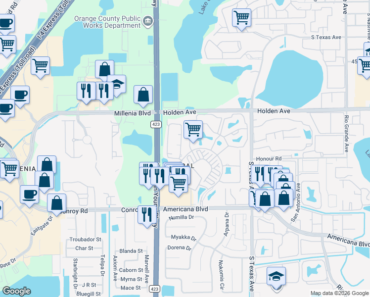map of restaurants, bars, coffee shops, grocery stores, and more near 5001 Wellington Park Circle in Orlando