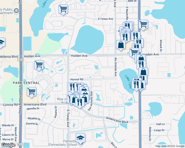 map of restaurants, bars, coffee shops, grocery stores, and more near 1813 Grande Pointe Boulevard in Orlando