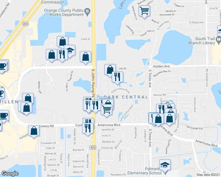 map of restaurants, bars, coffee shops, grocery stores, and more near 5001 Wellington Park Circle in Orlando