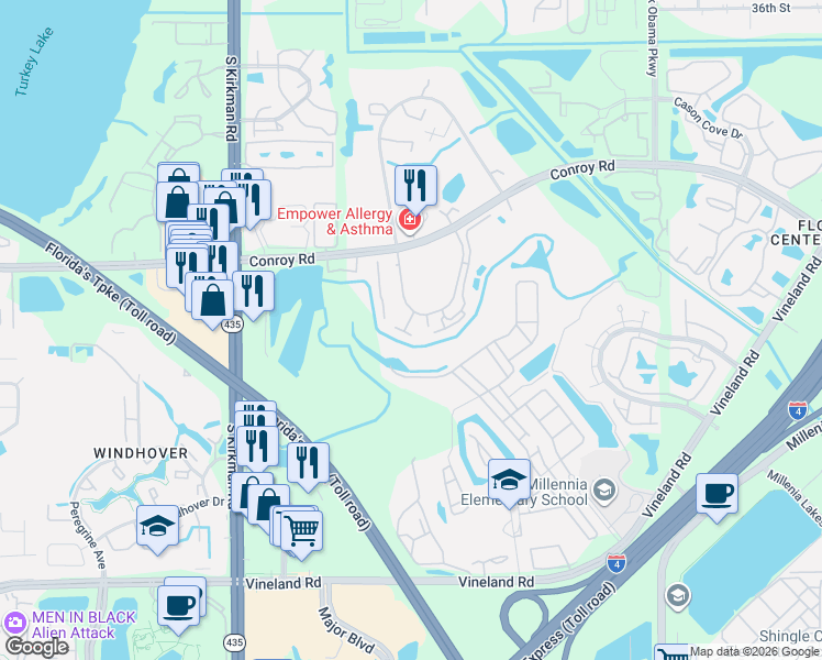map of restaurants, bars, coffee shops, grocery stores, and more near 4824 Cypress Woods Drive in Orlando