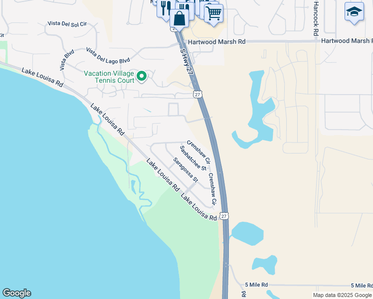 map of restaurants, bars, coffee shops, grocery stores, and more near 14309 Sanhatchee Street in Clermont