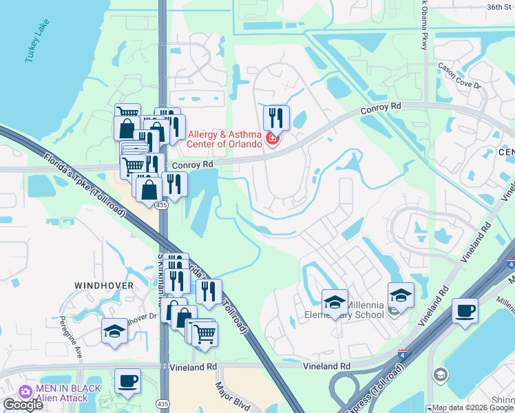 map of restaurants, bars, coffee shops, grocery stores, and more near 5344 Burning Tree Drive in Orlando