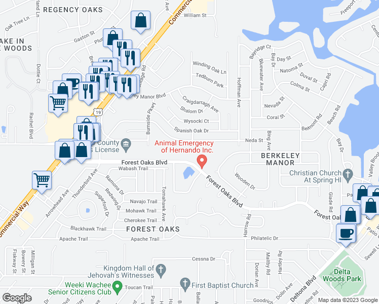 map of restaurants, bars, coffee shops, grocery stores, and more near 8055 Forest Oaks Boulevard in Spring Hill