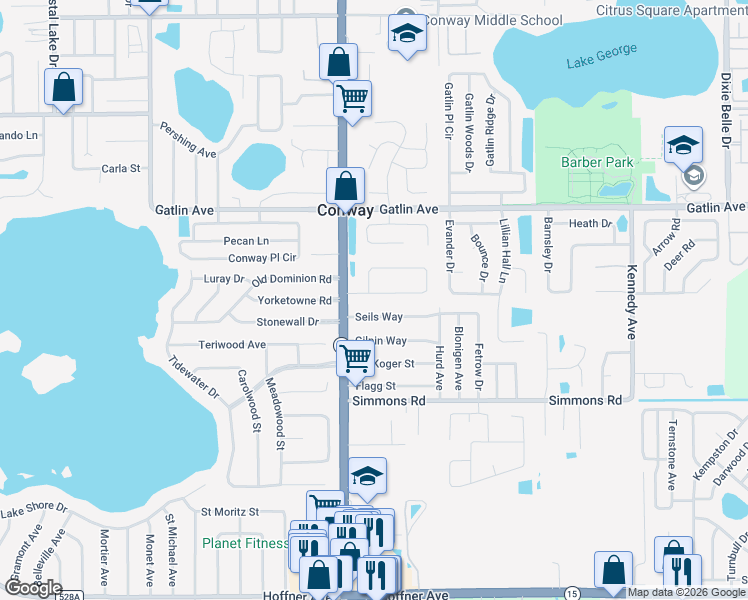 map of restaurants, bars, coffee shops, grocery stores, and more near 4414 Seils Way in Orlando