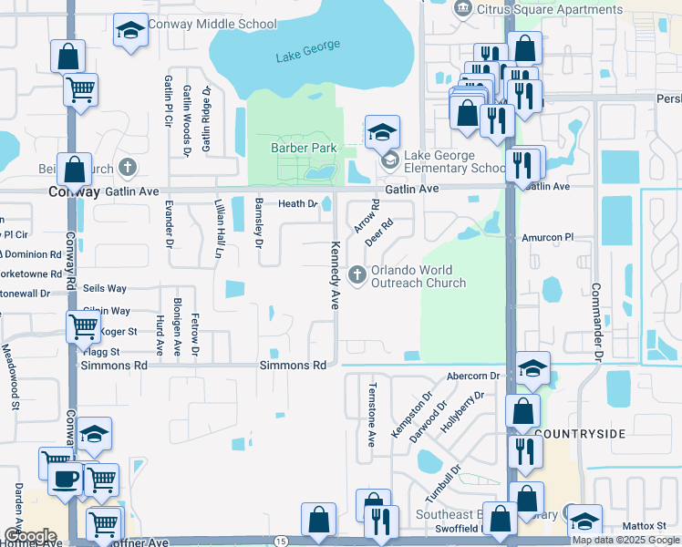 map of restaurants, bars, coffee shops, grocery stores, and more near 4400 Kennedy Avenue in Orlando