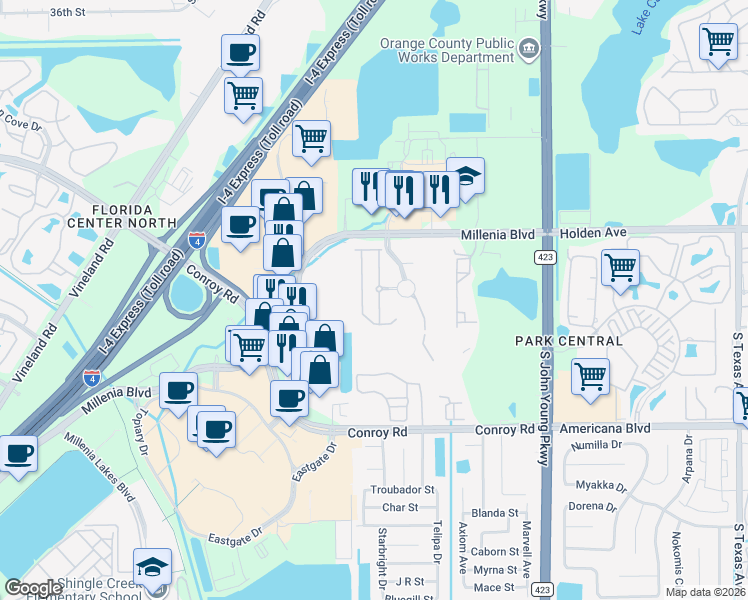 map of restaurants, bars, coffee shops, grocery stores, and more near 5005 Matteo Trail in Orlando
