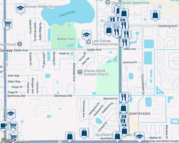 map of restaurants, bars, coffee shops, grocery stores, and more near 5412 Winfree Drive in Orlando