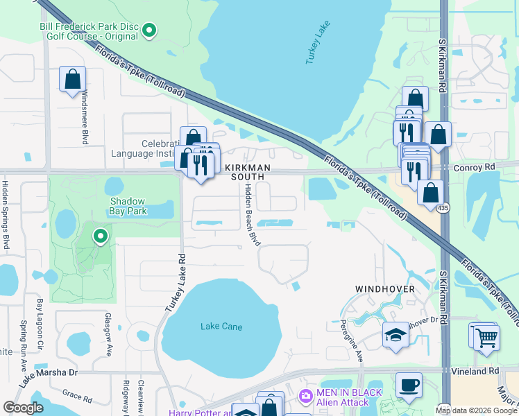 map of restaurants, bars, coffee shops, grocery stores, and more near 4885 Quiet Oak Lane in Orlando