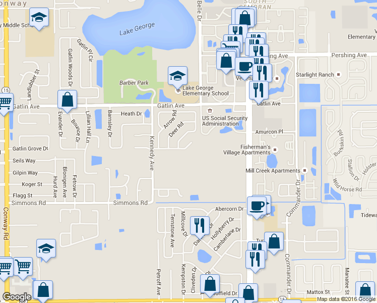 map of restaurants, bars, coffee shops, grocery stores, and more near 5412 Winfree Drive in Orlando
