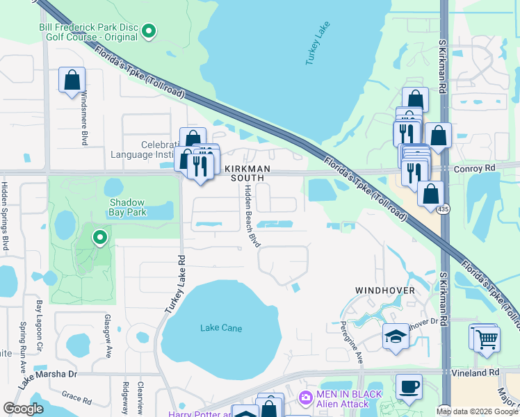 map of restaurants, bars, coffee shops, grocery stores, and more near 4885 Quiet Oak Lane in Orlando
