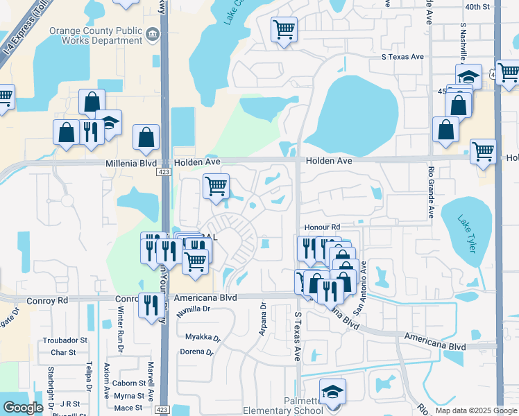 map of restaurants, bars, coffee shops, grocery stores, and more near 5004 Savannah River Way in Orlando