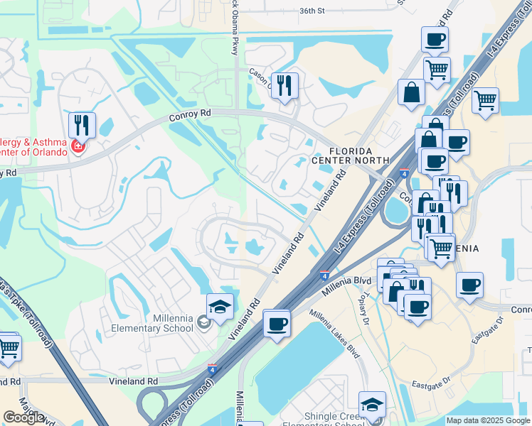 map of restaurants, bars, coffee shops, grocery stores, and more near 4719 Walden Circle in Orlando