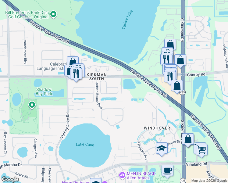 map of restaurants, bars, coffee shops, grocery stores, and more near 6337 Huntsville Street in Orlando