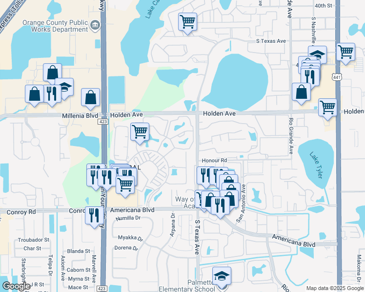map of restaurants, bars, coffee shops, grocery stores, and more near 2226 Metropolitan Way in Orlando