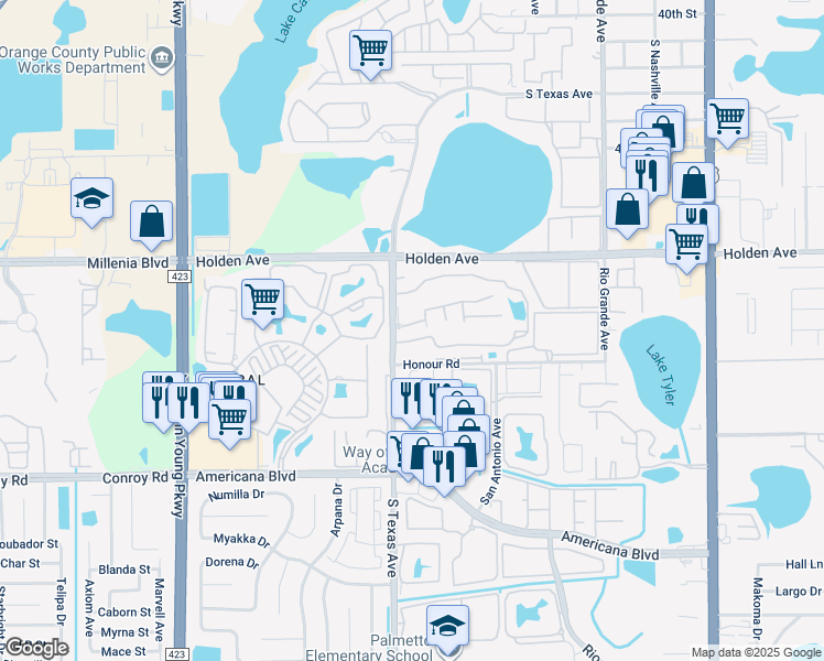 map of restaurants, bars, coffee shops, grocery stores, and more near 4815 South Texas Avenue in Orlando