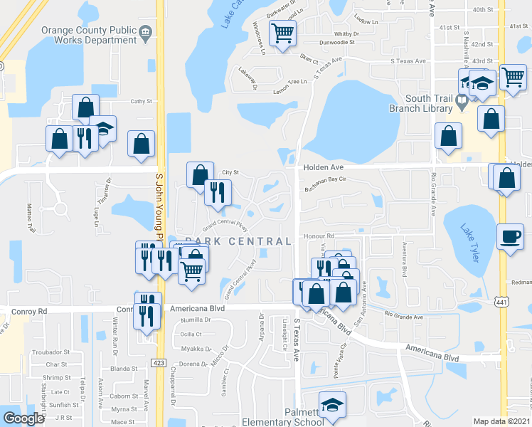 map of restaurants, bars, coffee shops, grocery stores, and more near 2226 Metropolitan Way in Orlando