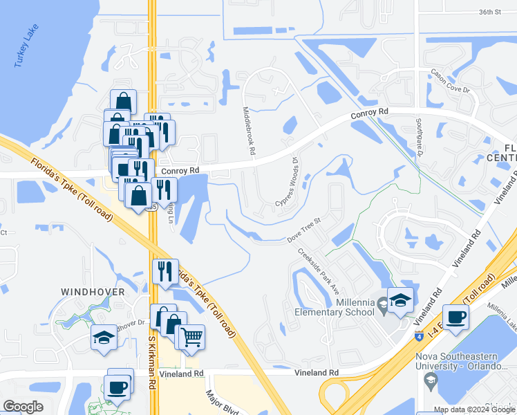 map of restaurants, bars, coffee shops, grocery stores, and more near 5313 Indian Creek Drive in Orlando