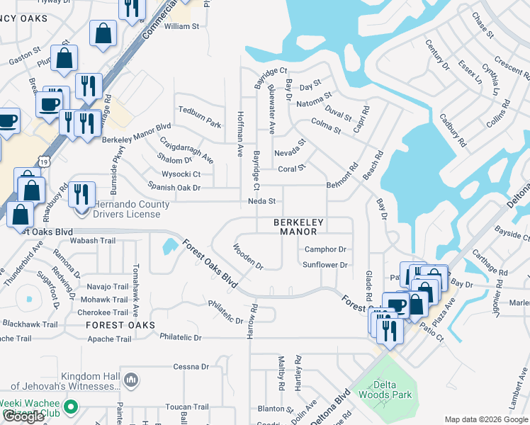 map of restaurants, bars, coffee shops, grocery stores, and more near 8129 Pagoda Drive in Spring Hill