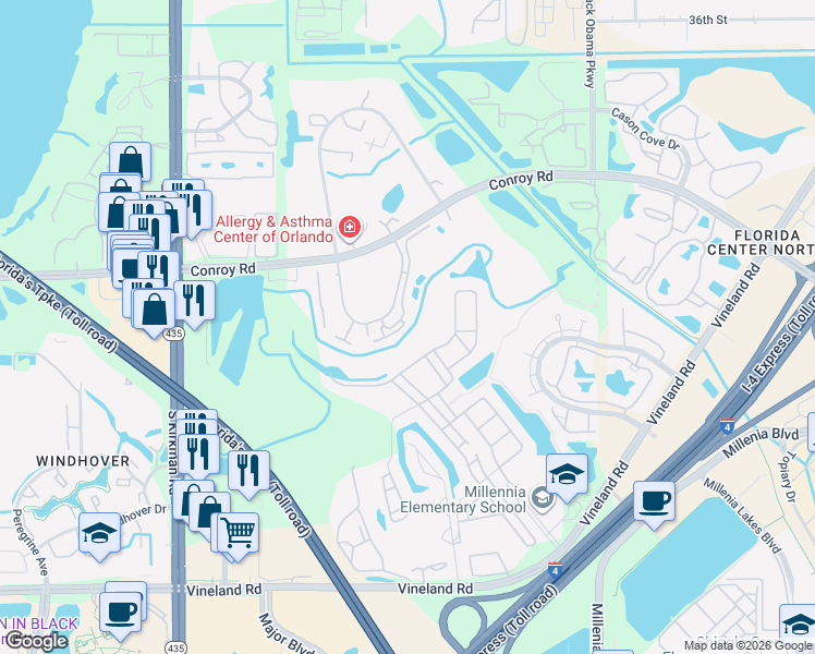 map of restaurants, bars, coffee shops, grocery stores, and more near 4844 Cypress Woods Drive in Orlando