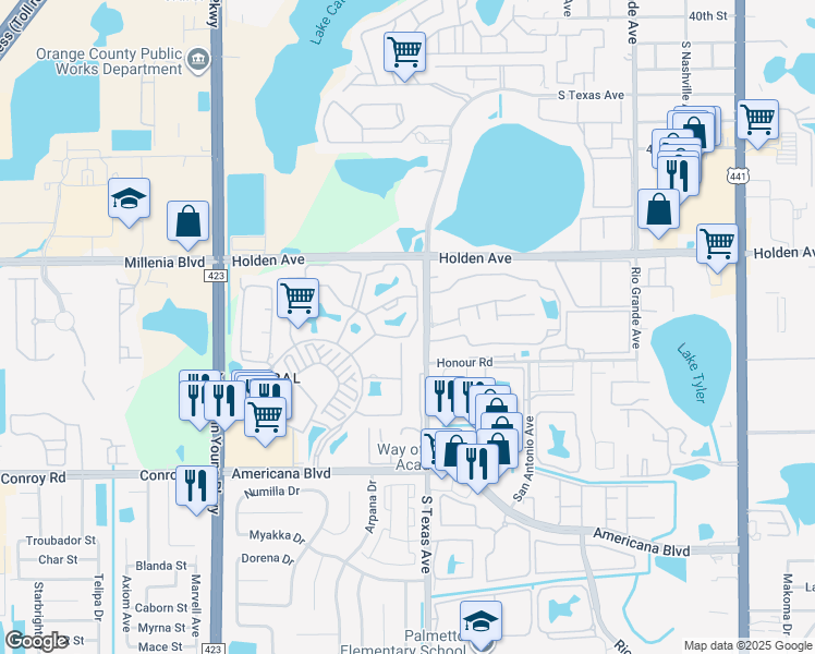 map of restaurants, bars, coffee shops, grocery stores, and more near 5100 Park Central Drive in Orlando
