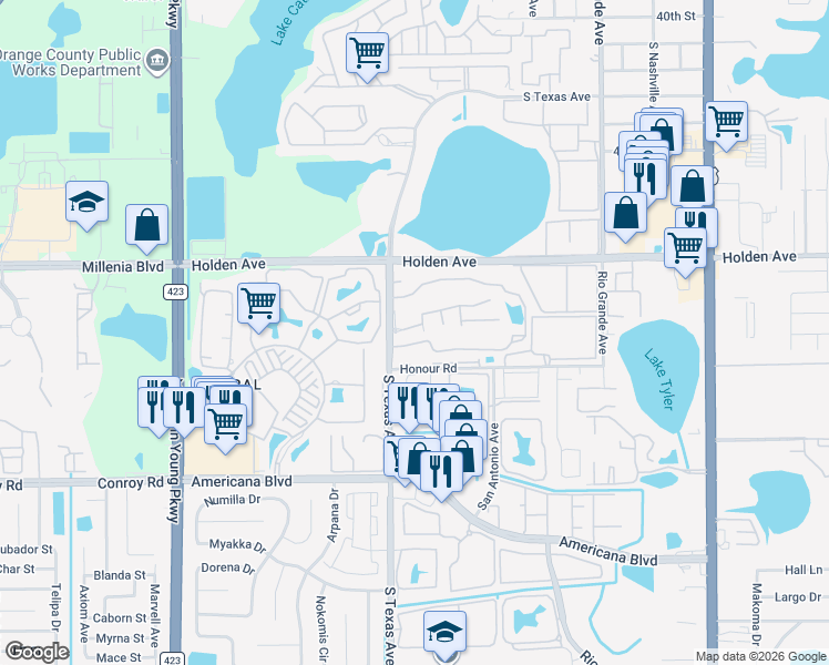 map of restaurants, bars, coffee shops, grocery stores, and more near 4713 South Texas Avenue in Orlando