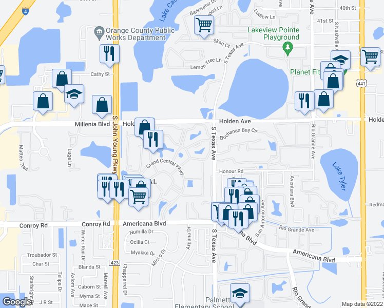 map of restaurants, bars, coffee shops, grocery stores, and more near 2226 Metropolitan Way in Orlando